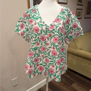 J. Crew Floral V-Neck Blouse - Pink and Green